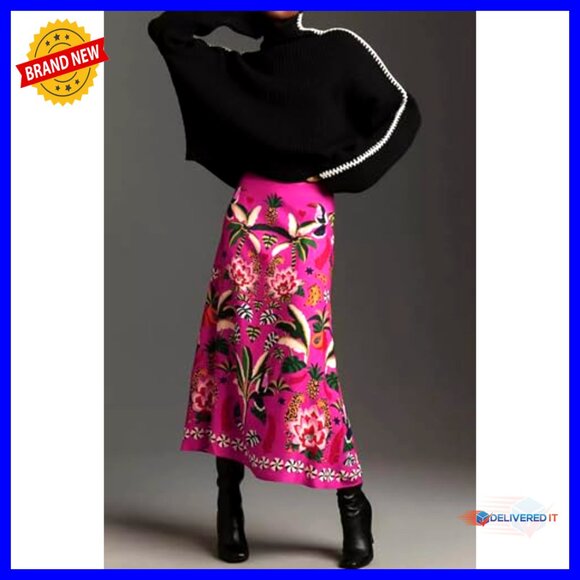 Tropical Print Midi Skirt High Waist Zipper A-Line Floral Summer Chic - Picture 3 of 7